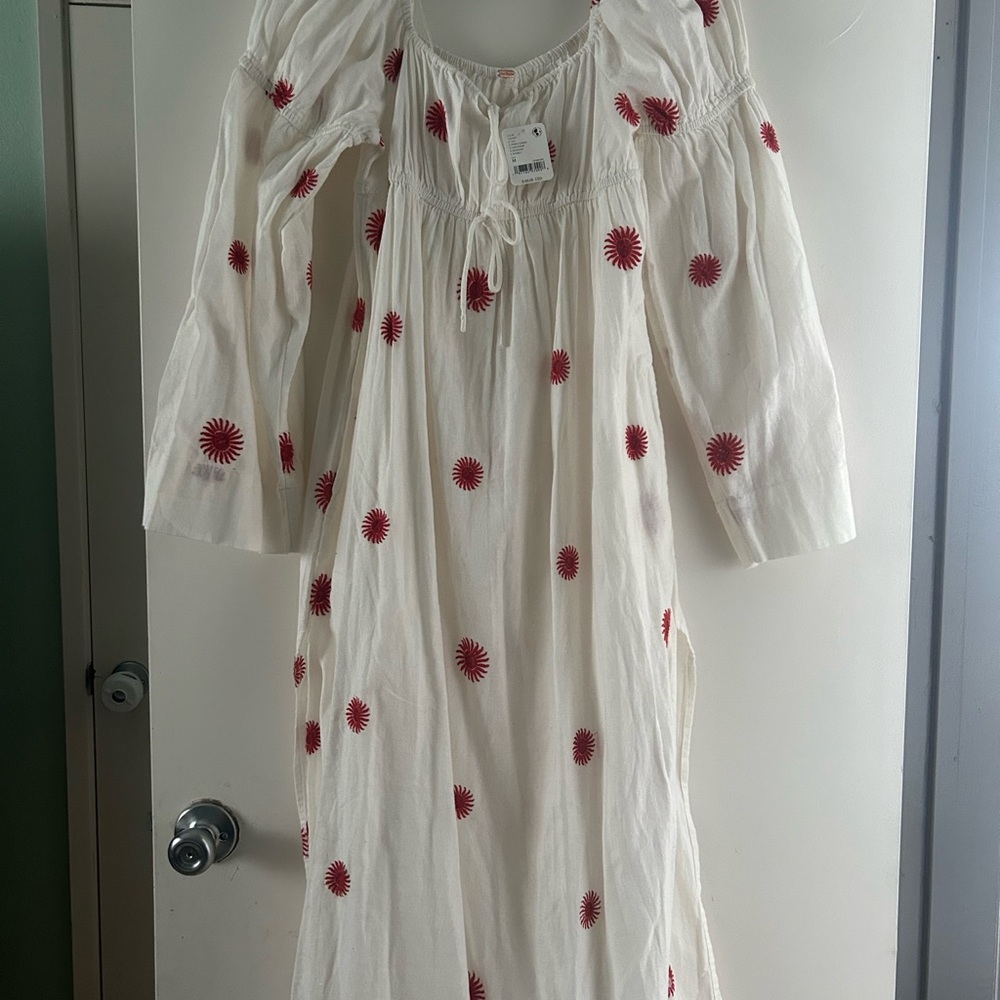 Free People White Maxi Dress with Red Floral Accents